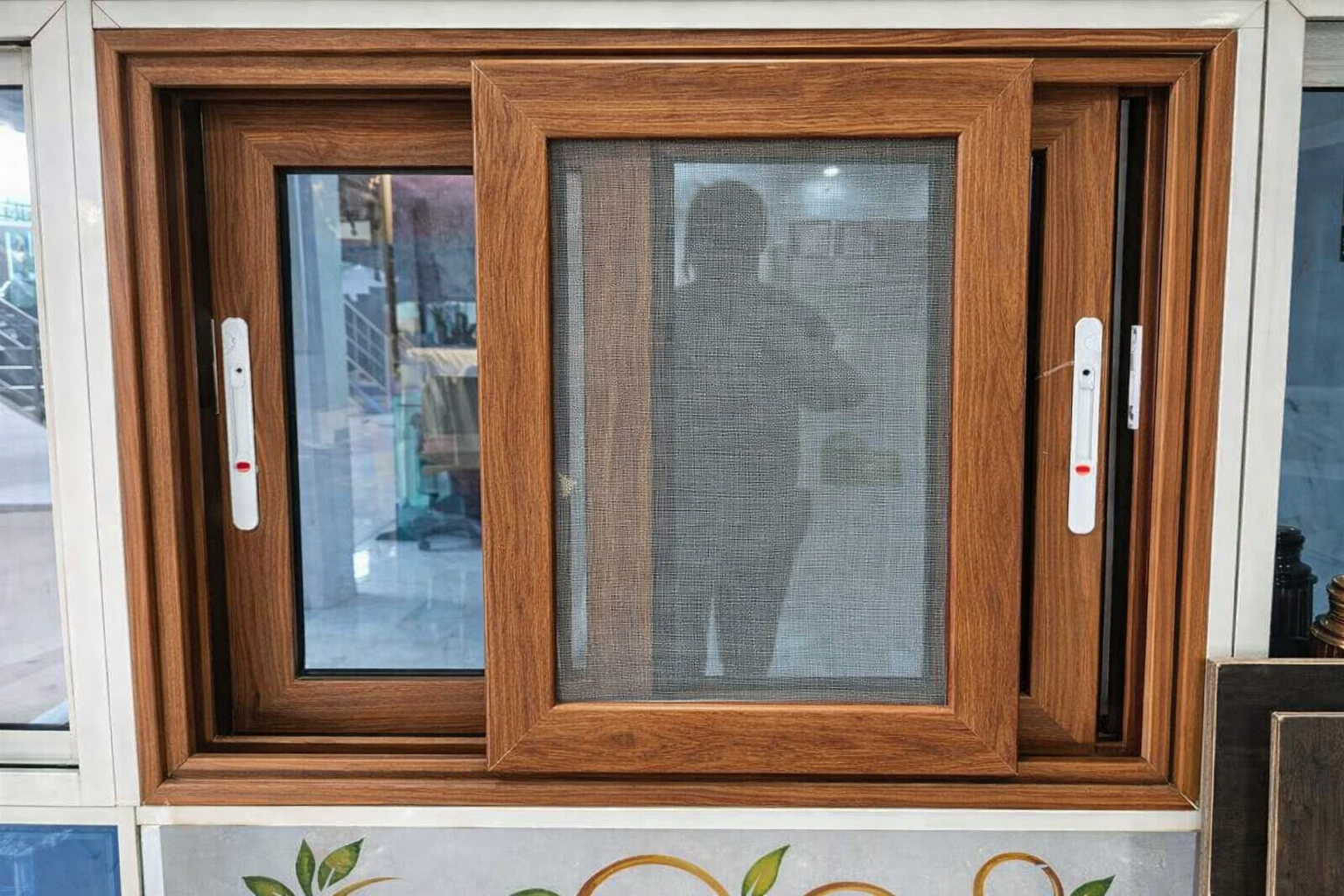 Wood-finish Domal sliding window with mesh